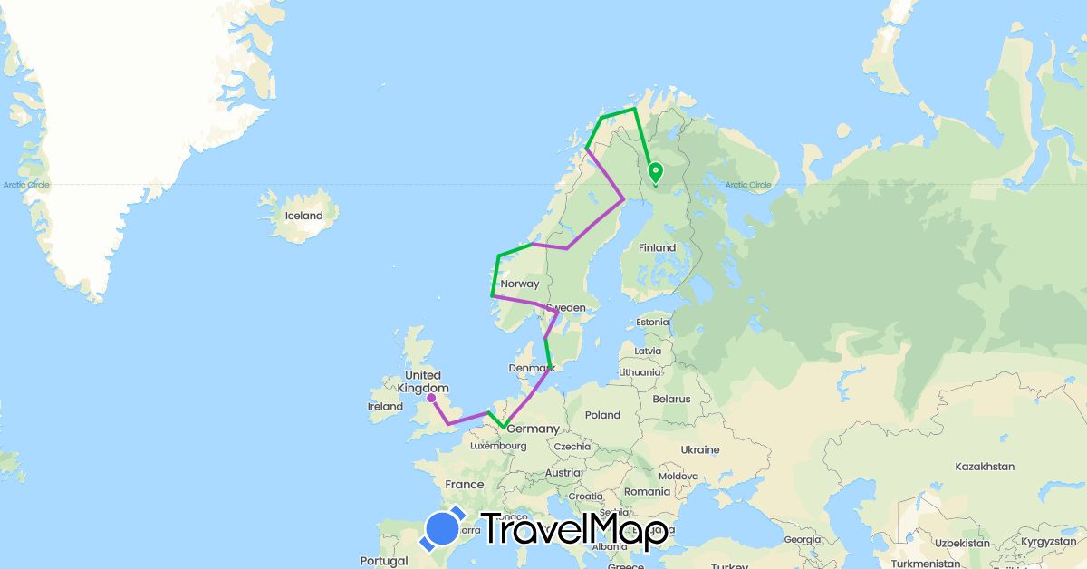 TravelMap itinerary: driving, bus, train in Germany, Denmark, Finland, United Kingdom, Netherlands, Norway, Sweden (Europe)