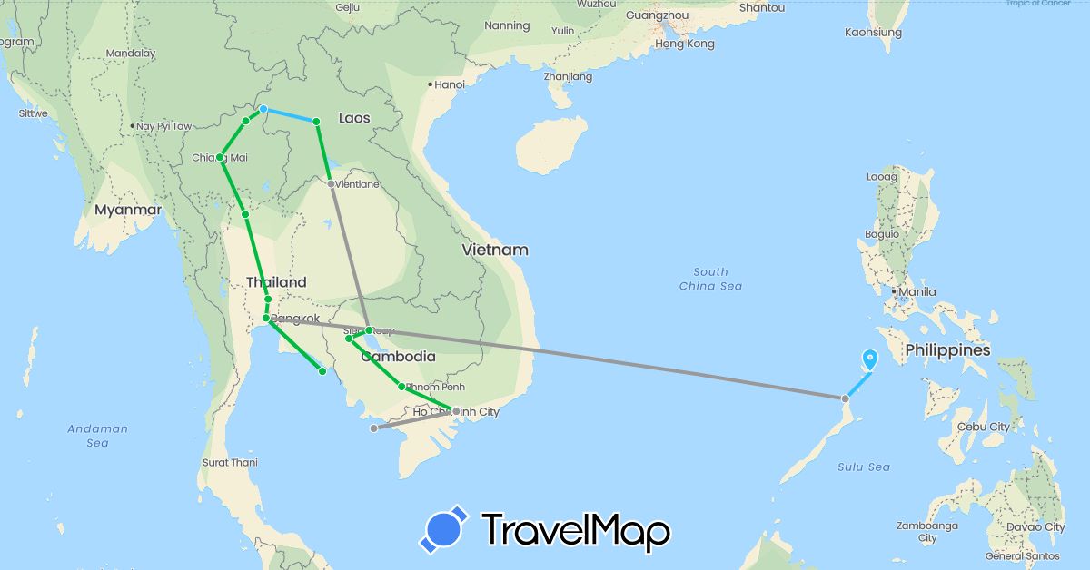 TravelMap itinerary: bus, plane, boat in Cambodia, Laos, Philippines, Thailand, Vietnam (Asia)